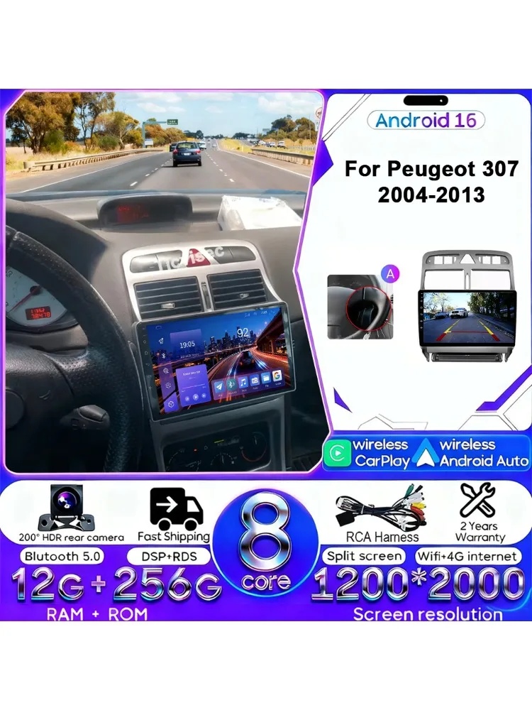 Android 16 Carplay Android Auto 2din Autoradio voor Peugeot 307 307CC 307 SW 2004-2013 4G WIFI GPS DSP BT Touchscreen Multimedia - afbeelding 2