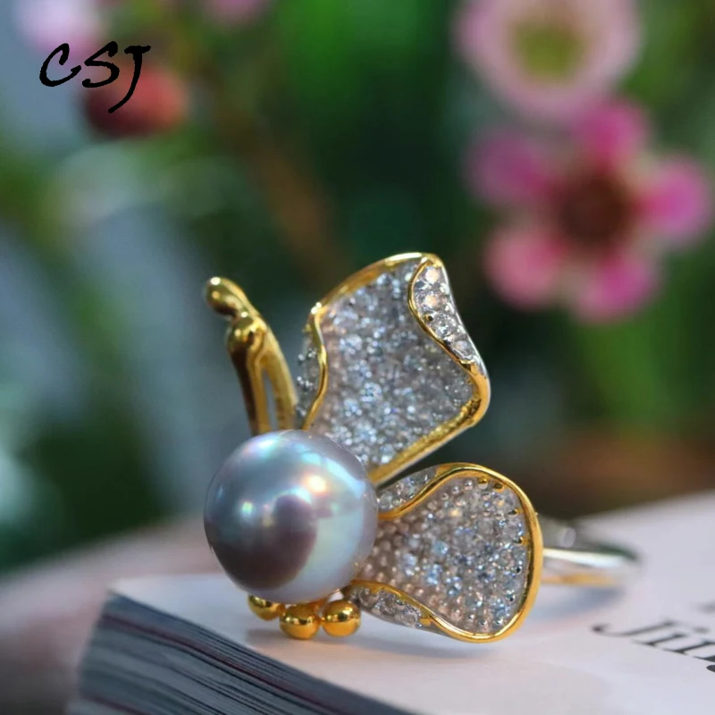 

CSJ Trendy Akoya Pearl Butterfly Ring Sterling 925 Silver for Women Birthday Wedding Party Trendy Jewelry Gift