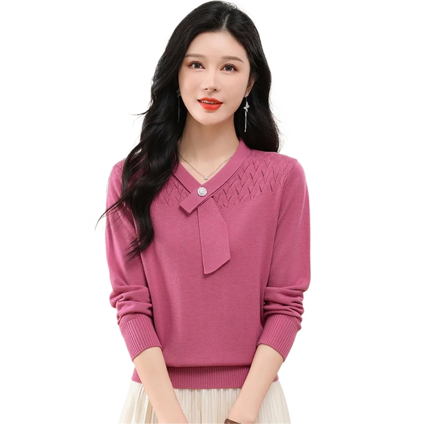 

Autumn Winter New Women Knitted Sweater Pullover Solid Color V-neck Long-sleeved Jumper Female Bottoming Shirt Mother Clothes