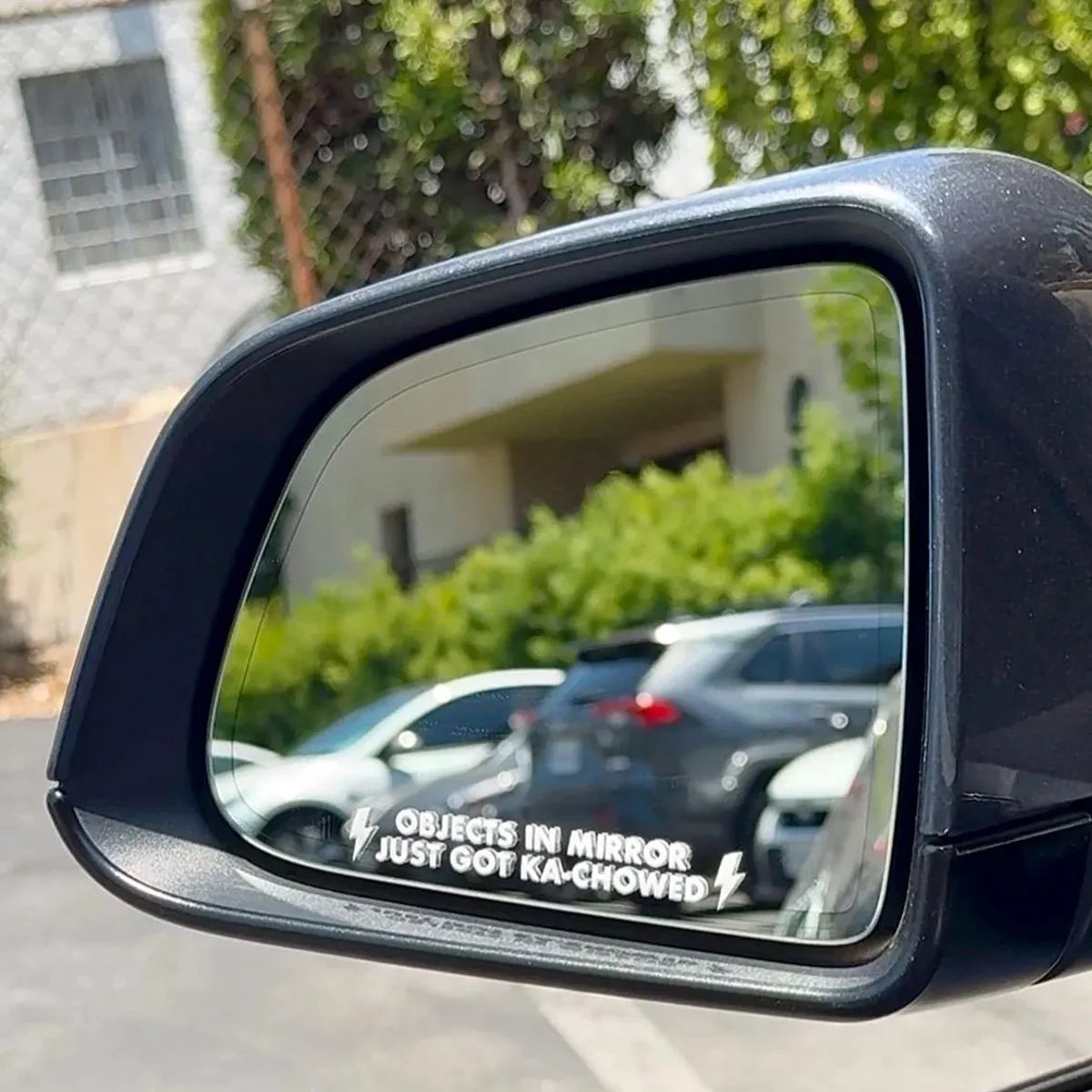 “OBJECTS IN MIRROR JUST GOT KA-CHOWED” Rearview mirror stickers—durable plastic, automotive mirror waterproof coating stickers