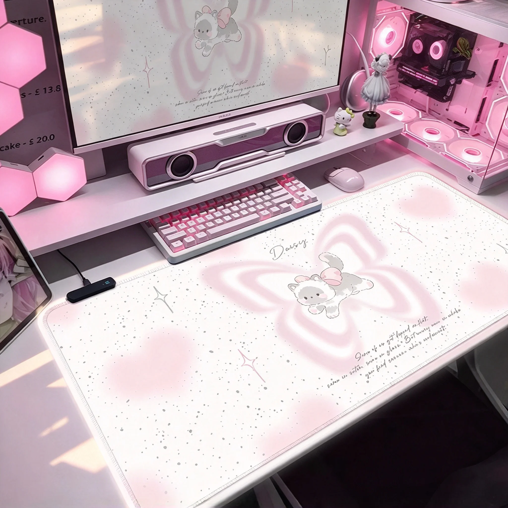 Korea Ins Cute Pink Cat Kitten Leather Y2K Mouse Pads Desk Mat for Office Gaming Waterproof Non-slip Computer Pad Keyboard Pads