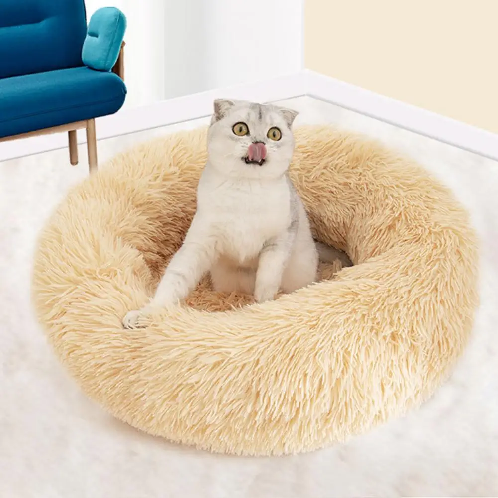 Cat Dog Mats Round Long Plush Cat Bed Dogs Plush Kennel Non-slip Bottom Pet Deep Sleeping Nest Soft Warm Kitten Cave Pet Tent