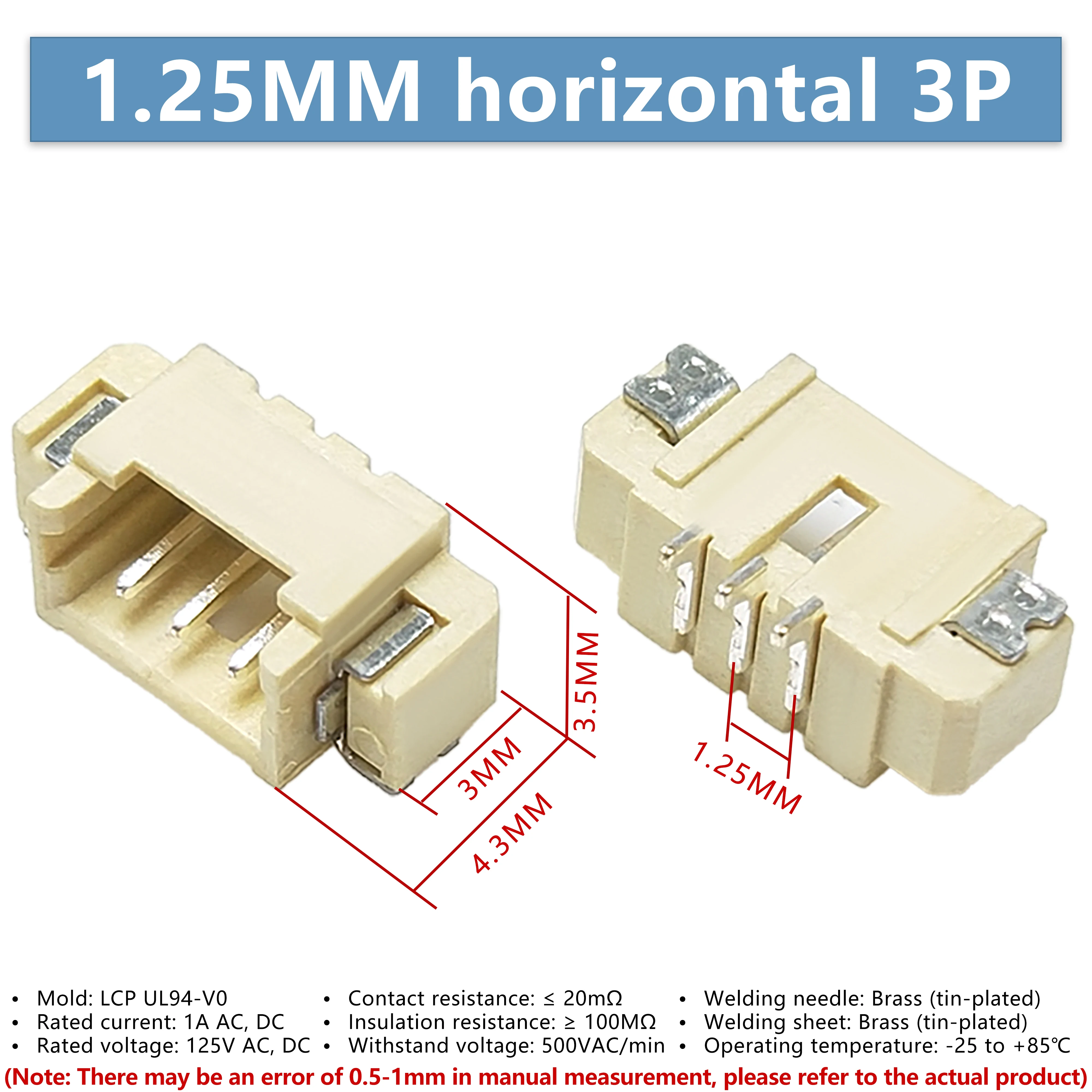 10PCS ZH1.25mm Pitch Horizontal 3P SMD Connector, Wire to Board Terminal Plug Female Socket, High Temperature Resistant