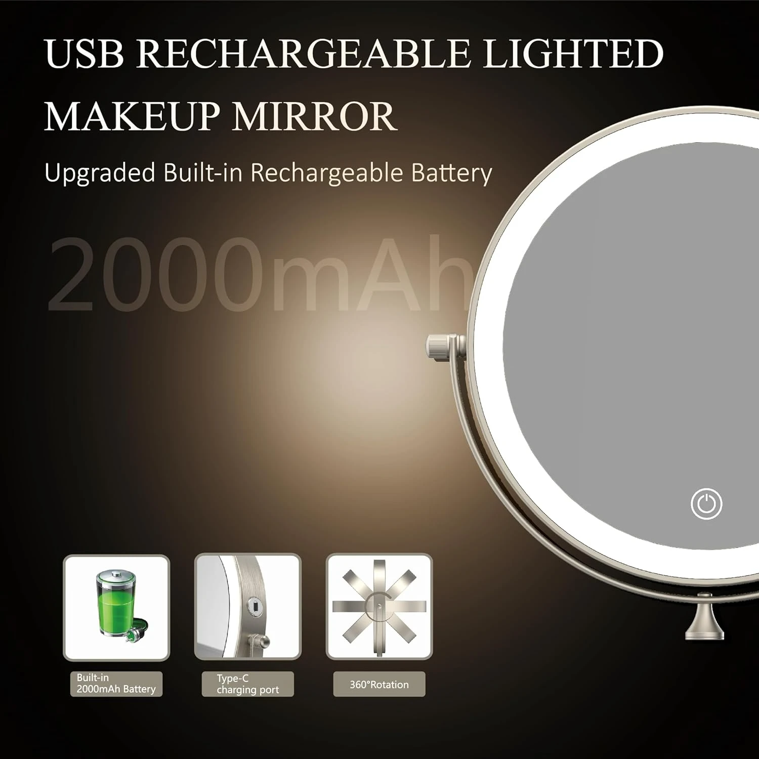 Rechargeable Wall Mounted Lighted Makeup Vanity Mirror, 8" with 1X/10X Magnification, 3 Color Lighting, Touch Screen Dimming, 36