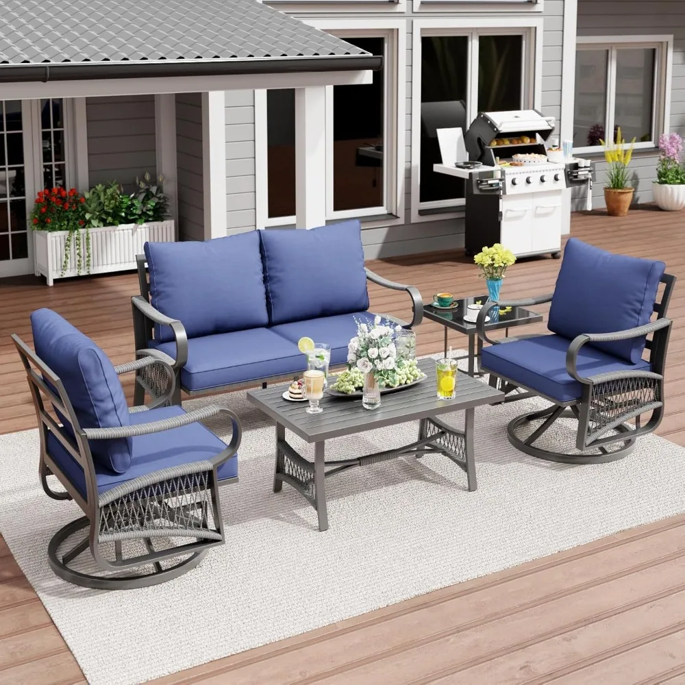 

5 Piece Patio Furniture Set, Outdoor All Weather Conversation Sofa Set With 2 Swivel Chairs, Rope Braided Design, Customized