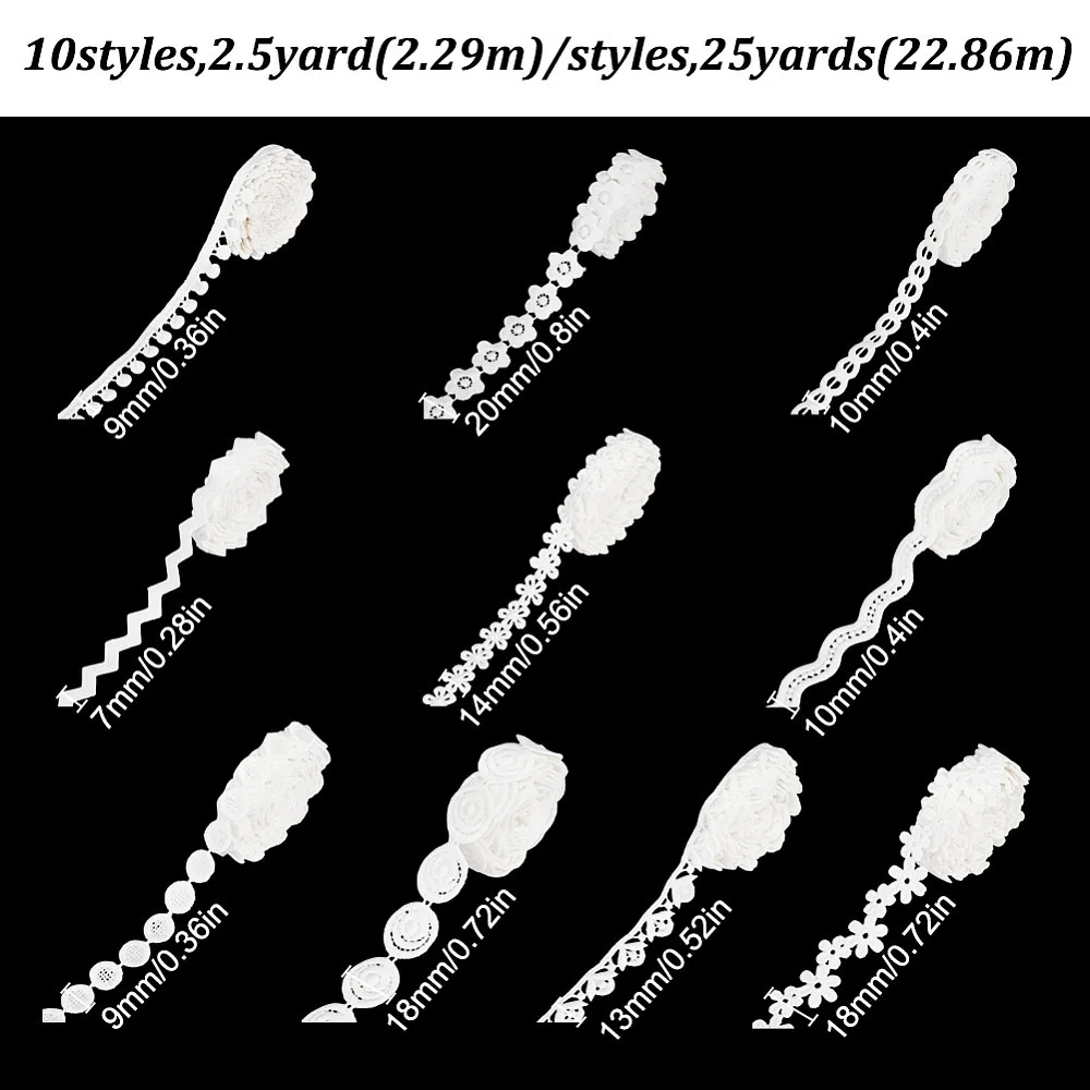 25 Yards 10 Styles Milk Fiber Embroidery Lace Trim Ribbon for Garment Accessories Mixed Shapes 1/4~3/4 inch(7~20mm)