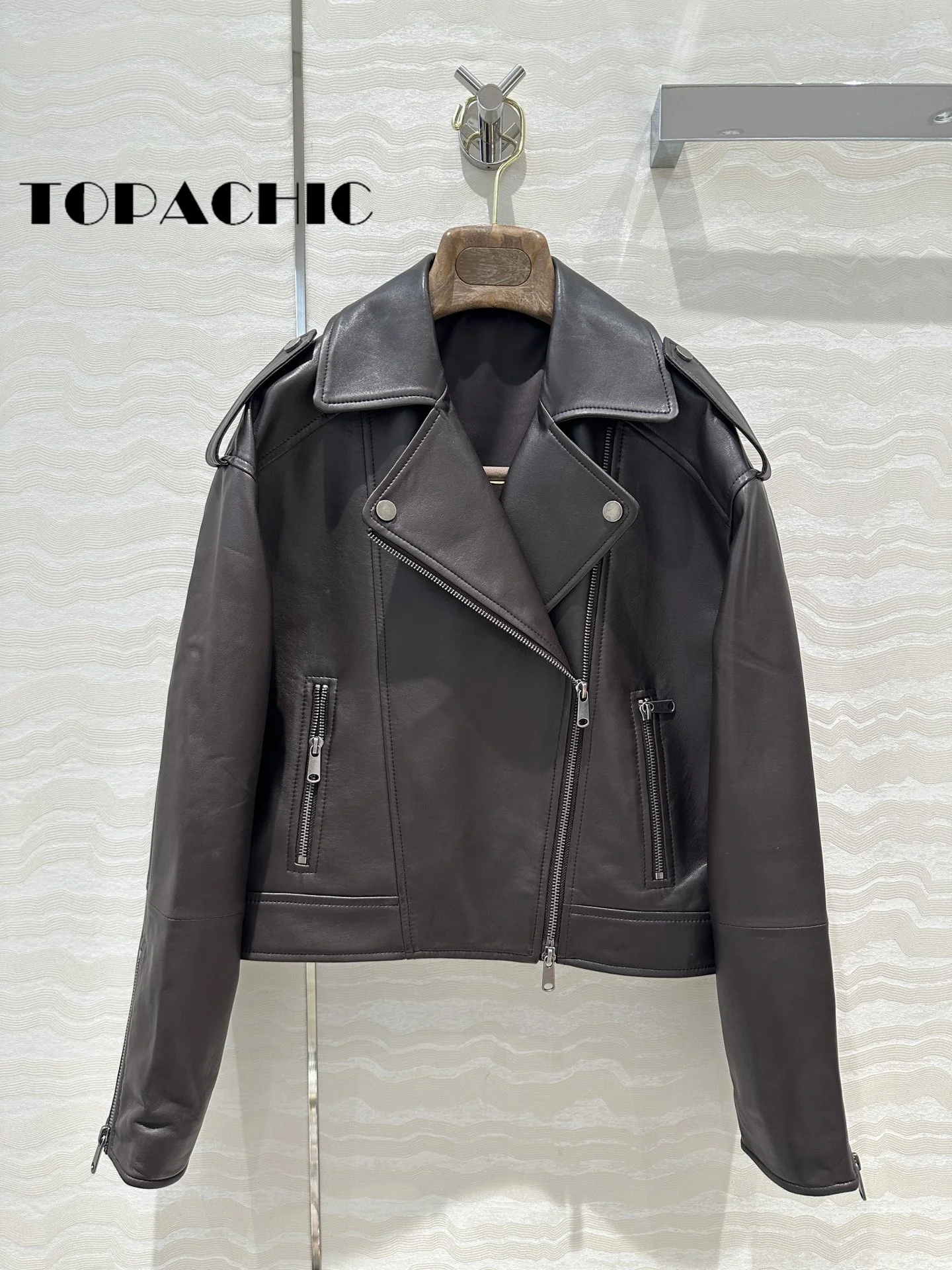 7.30 TOPACHIC-Women\'s Vintage Epaulet Genuine Leather Short Jacket All-matches Turn-down Collar Zipper Sheepskin Outerwear