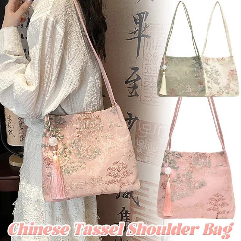 

Chinese Style Hanfu Bag Jacquard Retro Tassel Pendant Bucket Single Shoulder Bag Inclined Shoulder Bag 2024 New Women's Bags