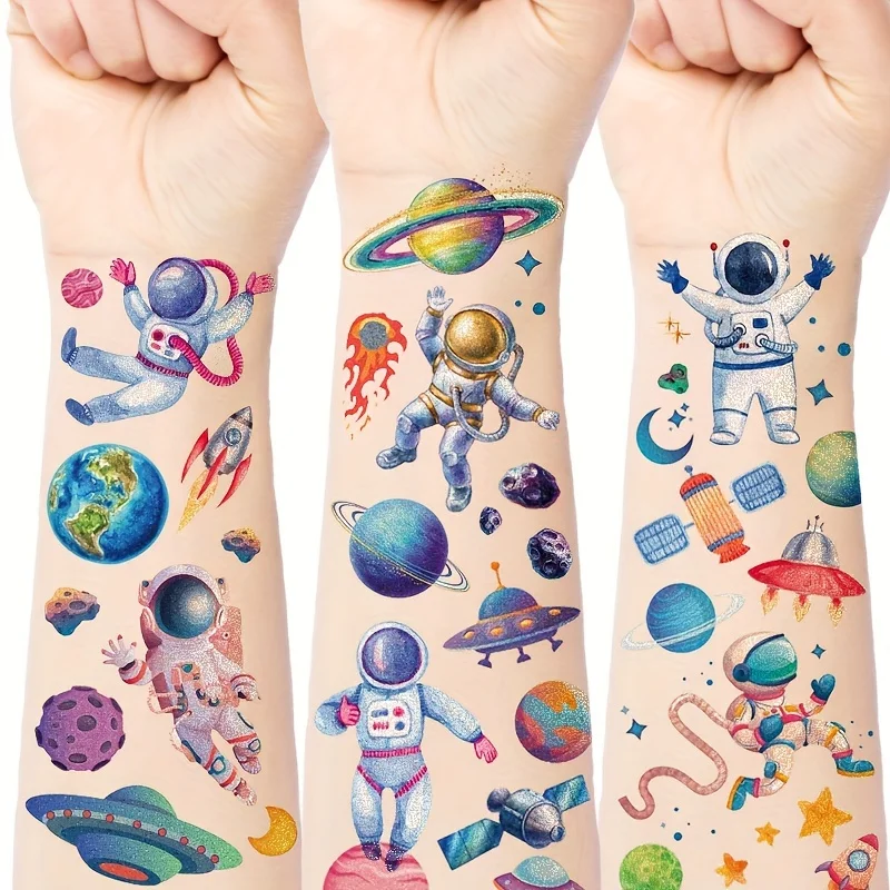 12 Sheets Glitter Cartoon Space Astronaut Temporary Tattoos Kids Temporary Tatoo for Birthday Party Decoration Supplies