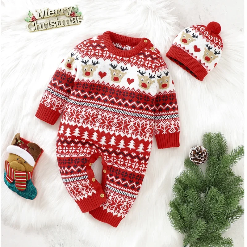 Newborn Boys Girls Jumpsuits Outfits Toddler Infant 2pcs Clothes Newborn Baby Rompers Hats Costumes Winter Red Christmas Knitted