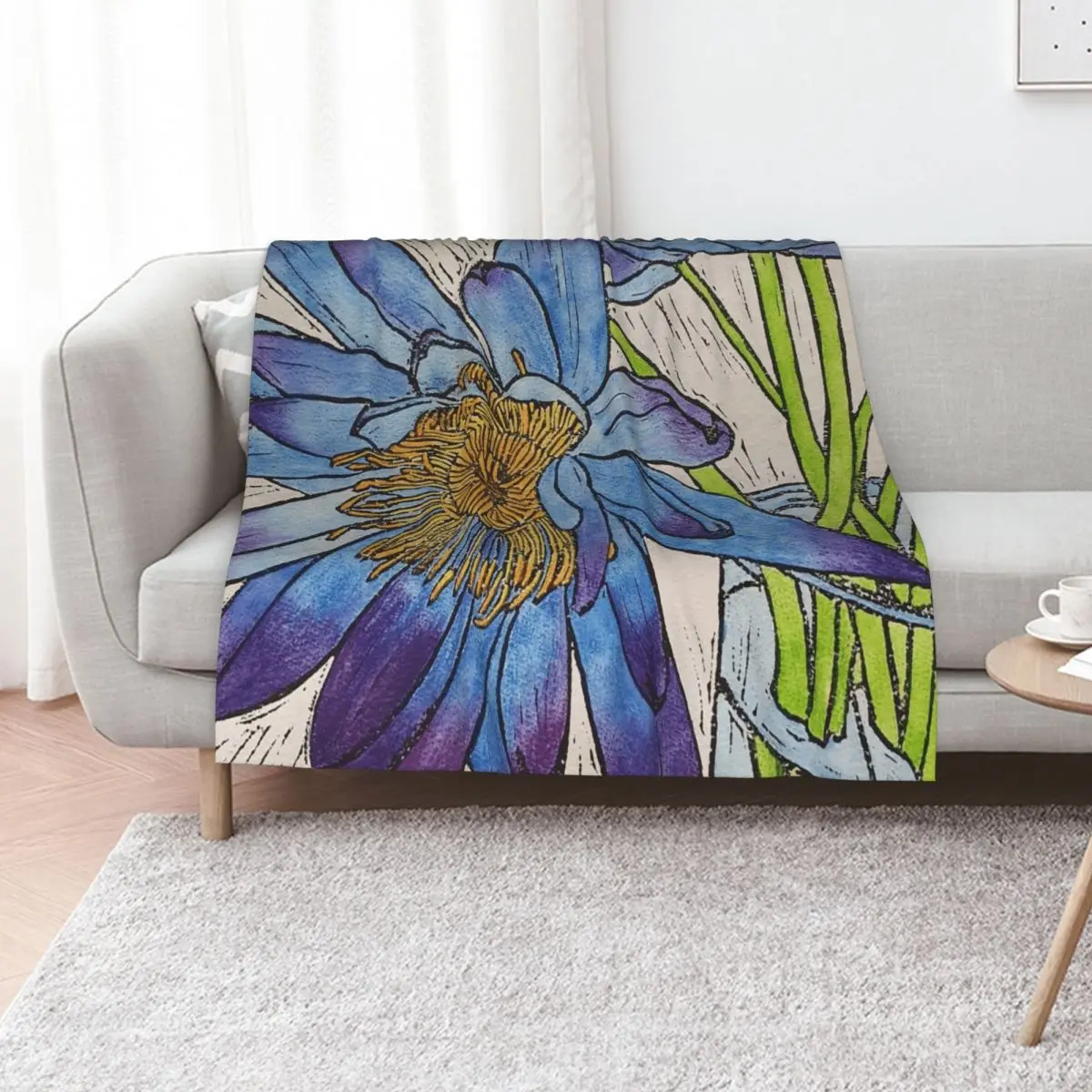 Kimberley Waterlily Linoprint Coloured Throw Blanket Sofa Decoratives Retros heavy to sleep Extra Large Throw Blankets