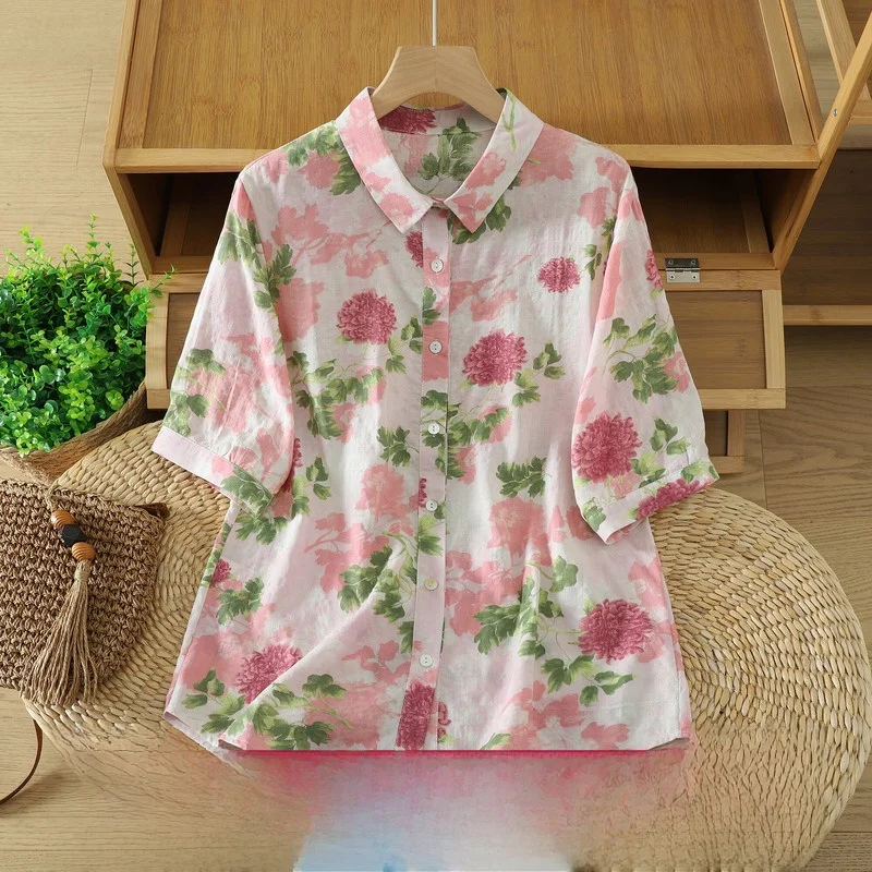 

Ladies Summer Casual Short Sleeve Shirt Collared Floral Print Single Button Versatile Top Pink Cotton Blend Comfortable Fit
