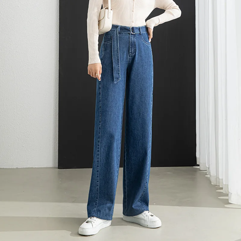 

Dark Blue Jeans Wide-leg Pants Women High Waist Cotton Mopping Large Size Trousers Slim Loose Belt Fashion Wide Leg Jean Denim