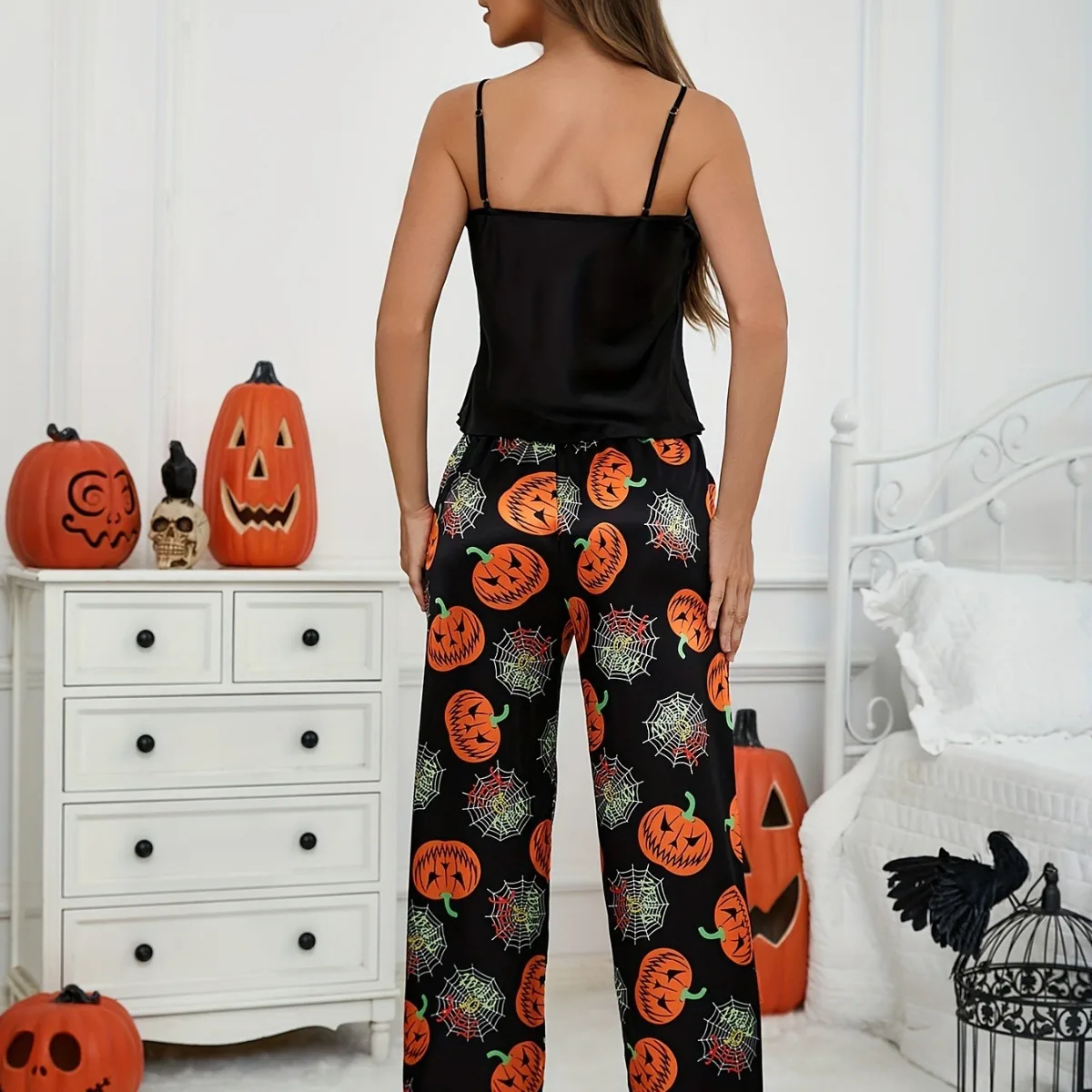 Halloween Home Wear Pumpkin Print Nightgown Summer Women's Pajamas Comfortable Sleeveless Halter Top Pants Sleepwear ﻿