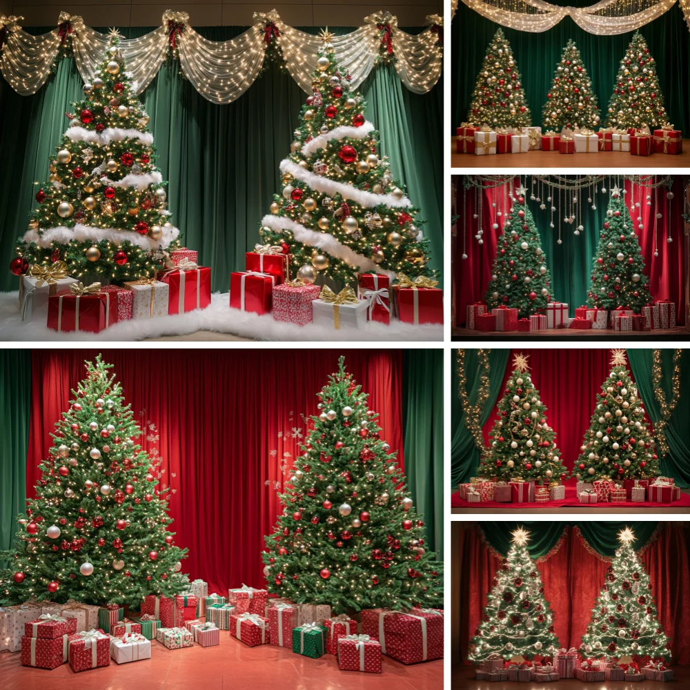 Christmas Stage Curtain Photography Backdrop Double Xmas Tree Red Green Colorful Gift Boxes Winter Studio Background Cloth