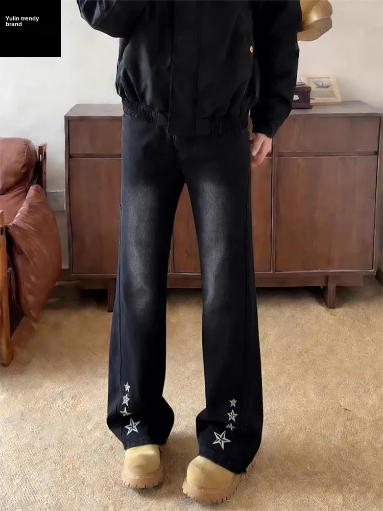 

Мужские джинсы прямого кроя с вышивкой, на подкладке, с высокой талией, в американском уличном стиле, расклешенные брюки