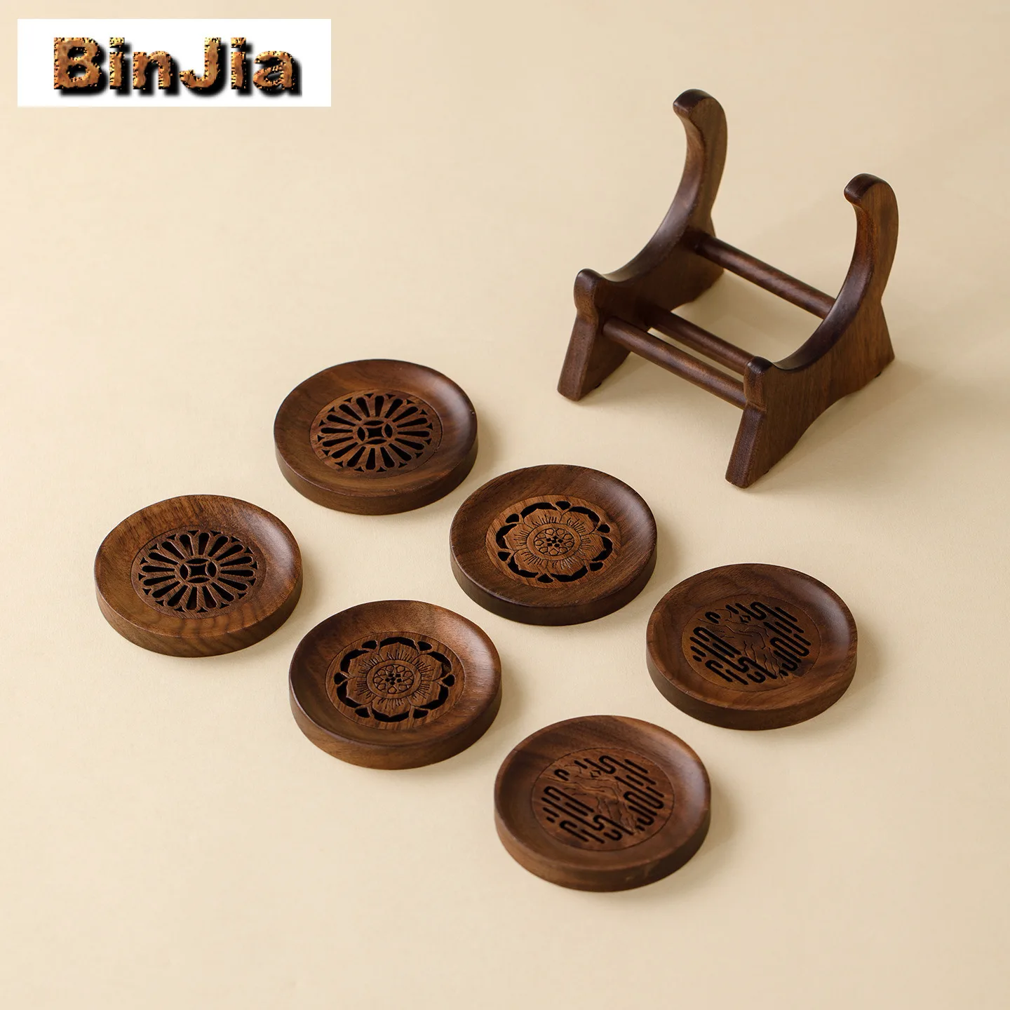 

Walnut Wood Round Hollow Carved Coasters Handmade Mug Plate For Coffee Cups Saucer Anti-scald Placemats Teacup Base Cha Craft