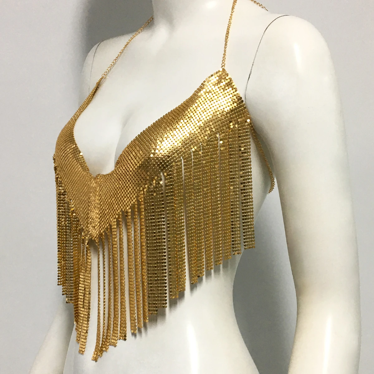 Bling metaliczny wiszące kolczyki z cekinami Crop Top na imprezę kobieta moda Halter dekolt projekt bez pleców pełnymi cekinami odzież nocna