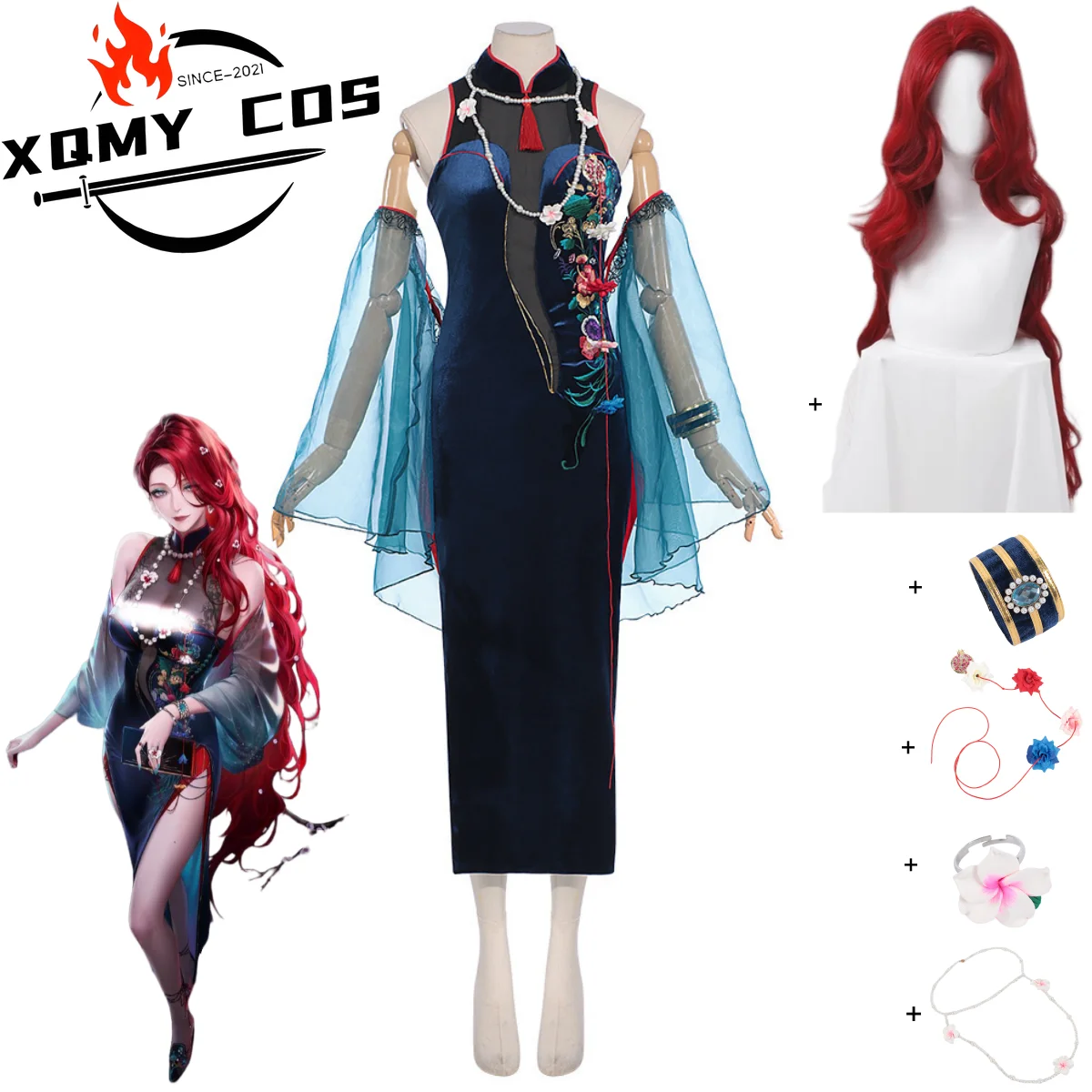 

XqGame Path To Nowhere Cabernet Cosplay Costume Chinese Style Cheongsam Dress Red Wig Woman Sexy Traditional Festival Suit