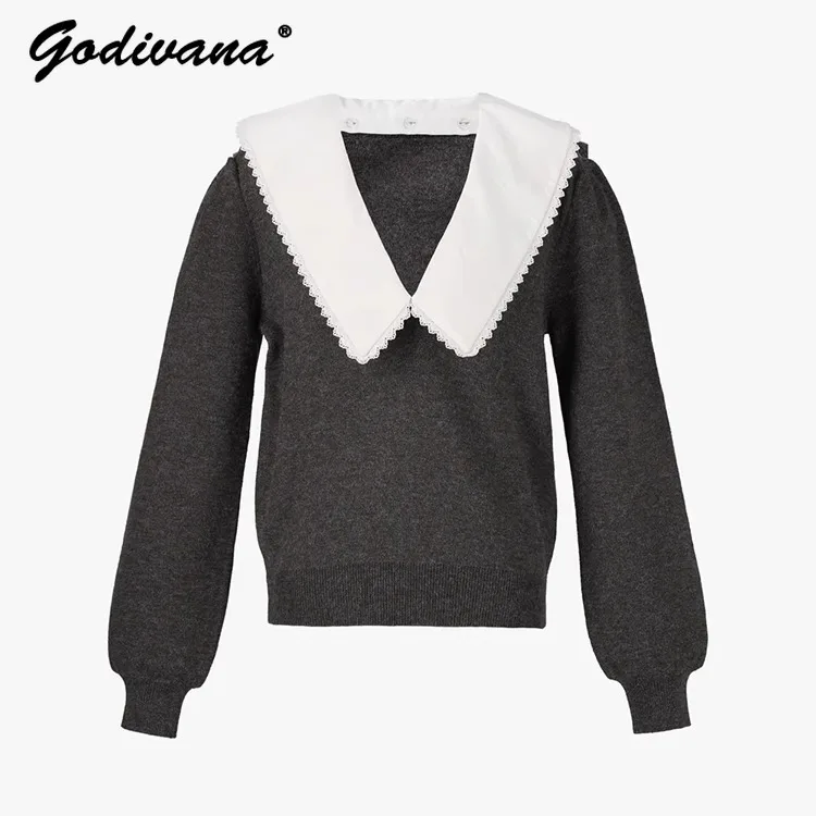 Japanese New Autumn and Winter Removable Collar Long-sleeved Gray Knitted Sweater Ladies Elegant Knitwear Casual Tops