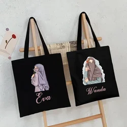 Aquarela personalizada impresso saco de lona para menina muçulmana, bolsa preta, versátil viagem decoração, nome personalizado, presente de aniversário