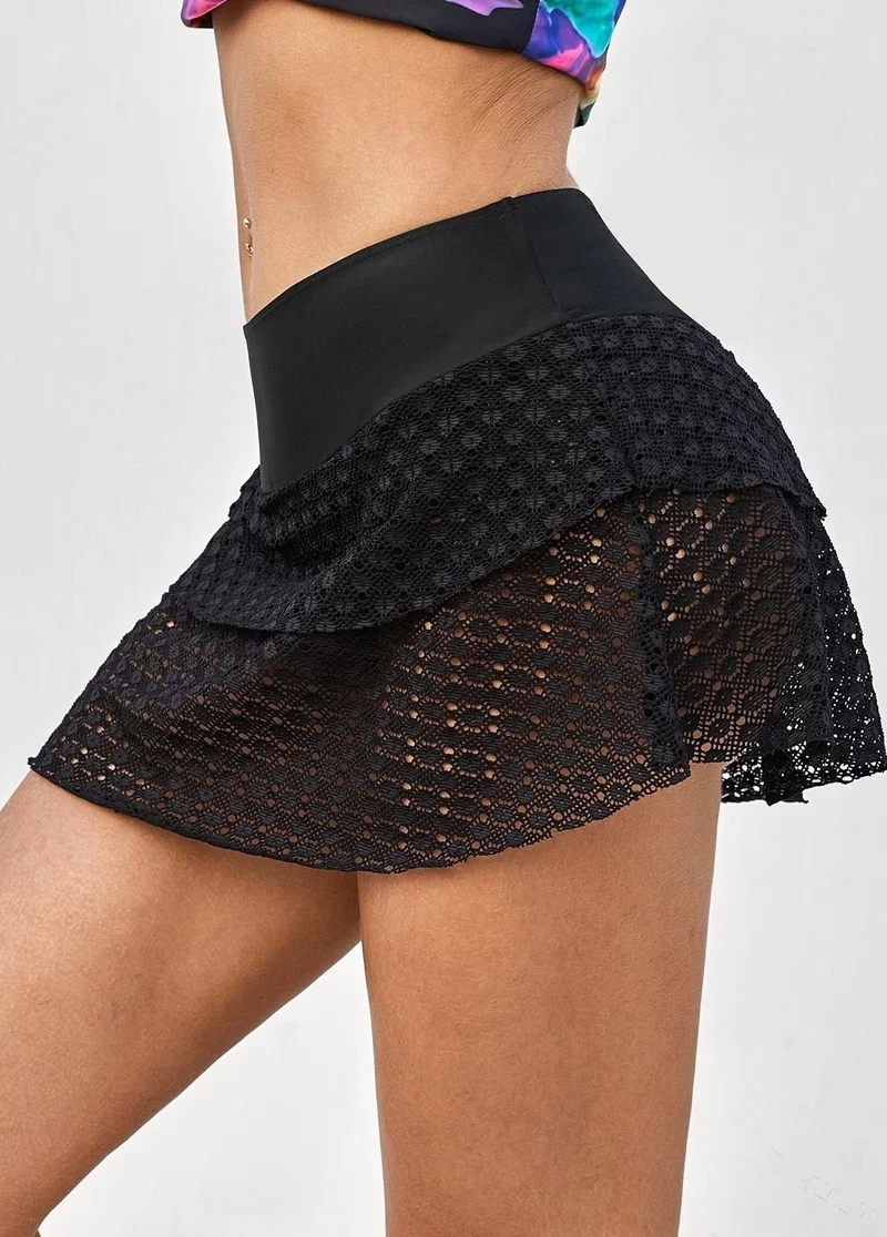 Zomer Plus Size Effen Kleur Perspectief Plus Size Een Lijn Mini Rok Hollow Mini Rok Holiday Hoge Taille Sexy Strand korte Rok