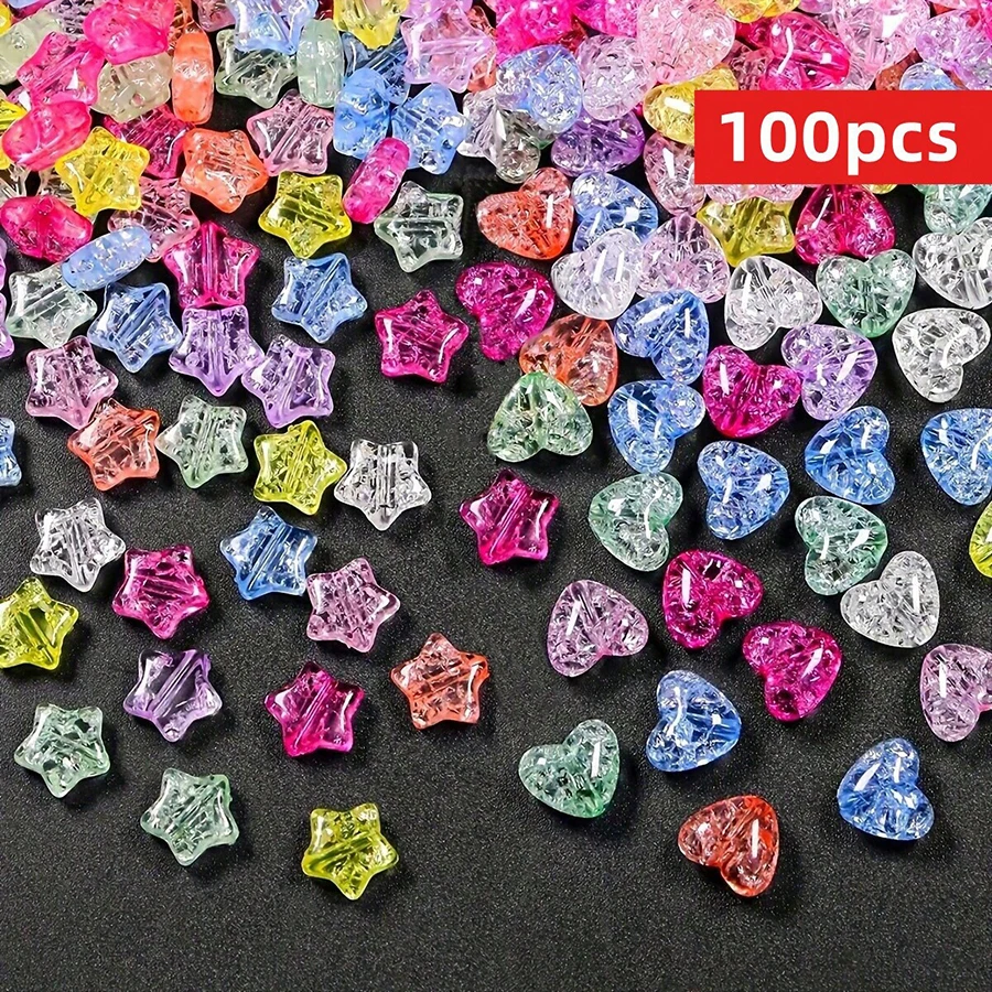 100 Uds. Cuentas acrílicas de pentagrama y en forma de corazón agrietadas transparentes de colores mezclados al azar de Navidad de 12mm para fabricación de joyas