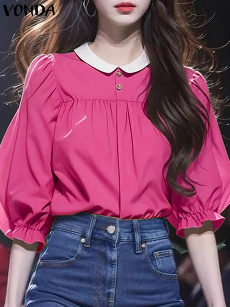 

VONDA женские рубашки, женская элегантная офисная блузка, 2025 г., повседневные вечерние топы с рукавами 3/4, однотонная туника с пышными рукавами, большие размеры