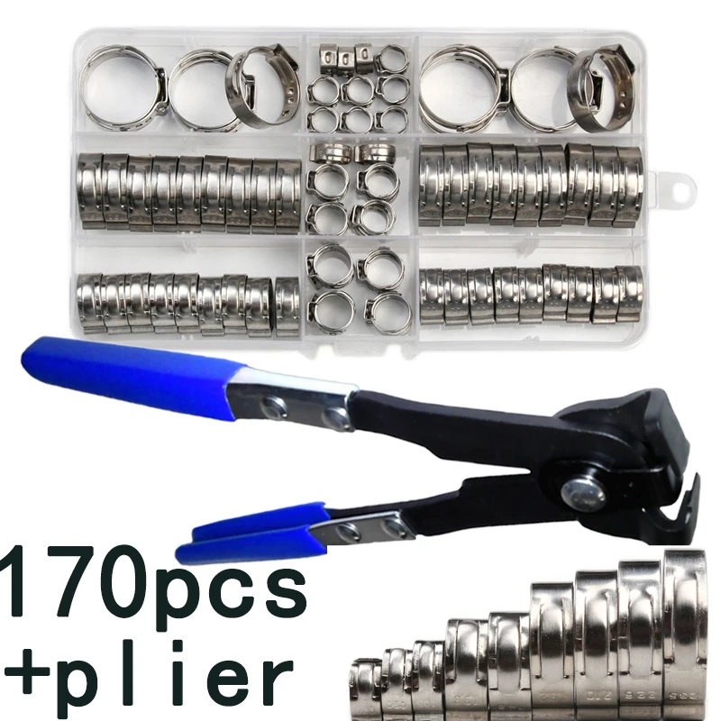 

170pcs Ear Clamps Hose Clamp 5.8-21mm Assortment w/ Hose Clamps Pliers Stainless Steel Clamps Rings for Sealing Kinds of Hose