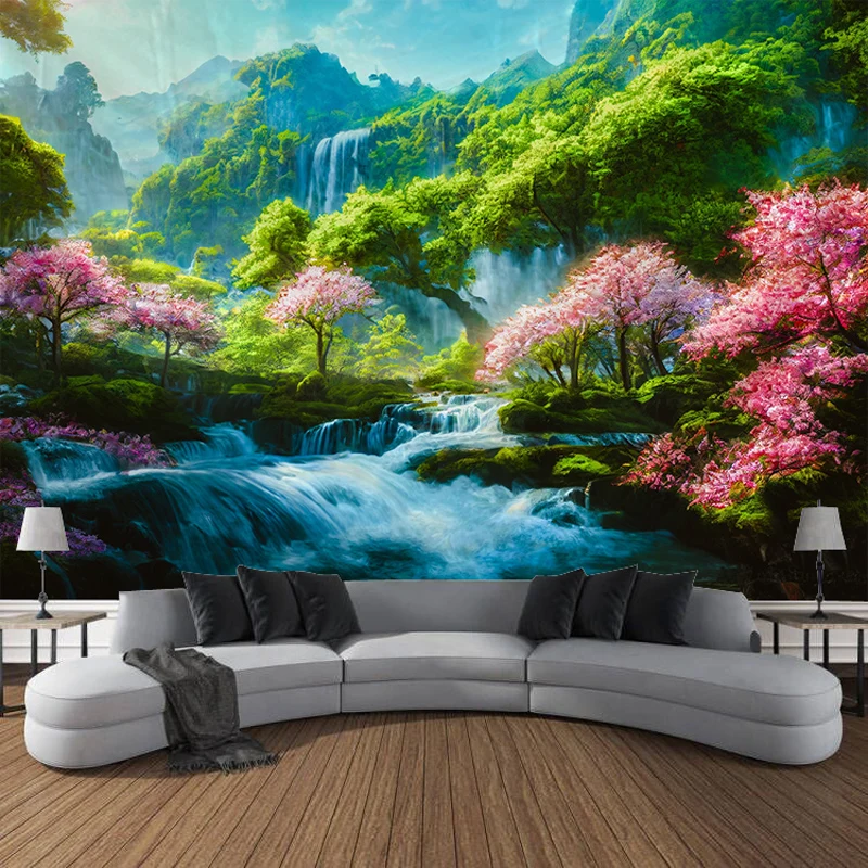 Dream Forest Cabin River Landscape Tapestry Art Blanket Curtain Hanging Home, Living Room, Bedroom, Home Decoration Fabric