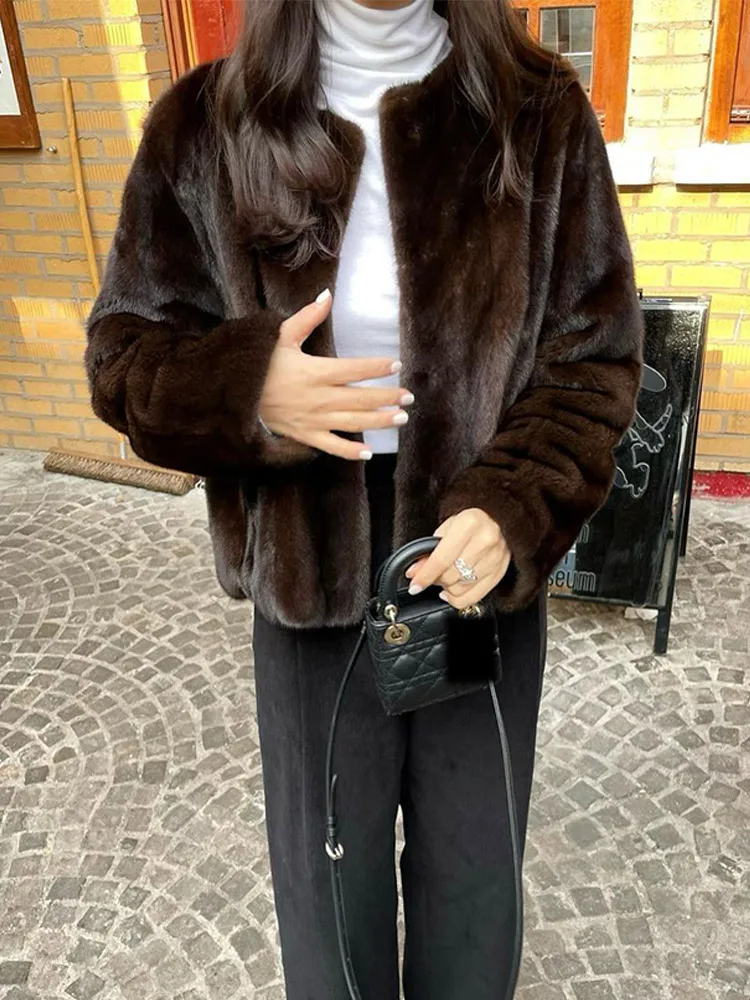 

Classic Solid Color Long Sleeves Short Faux Fur Coat For Lady Fashion Warm Round Neck Casual Jacket Fall Winter Woman Streetwear