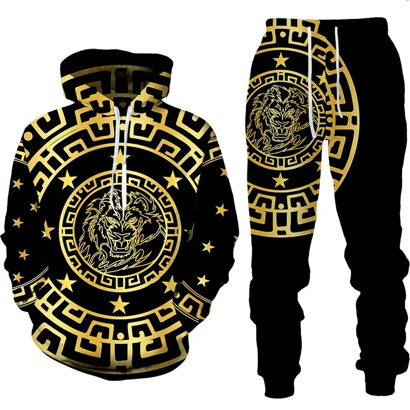 3D Luxury Golden Chain Leopard Print Men\'s Hoodie Suit Casual Unisex Sportswear Pants 2pcs Sets Fashion Hooded Sweatshirt Outfit