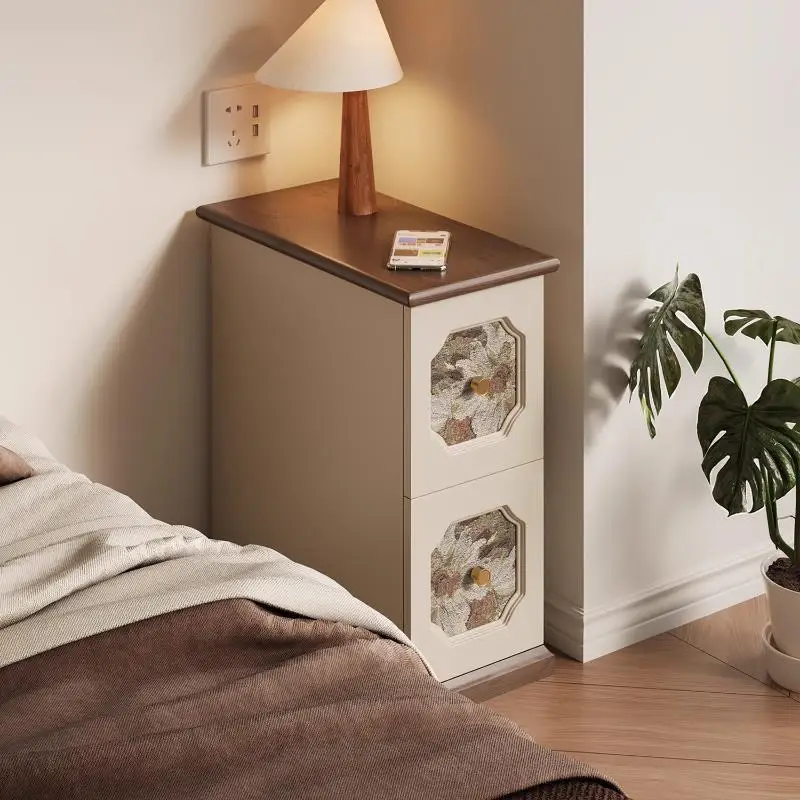 Retro style solid wood printing bedside table designer niche bedroom bedside table narrow small locker