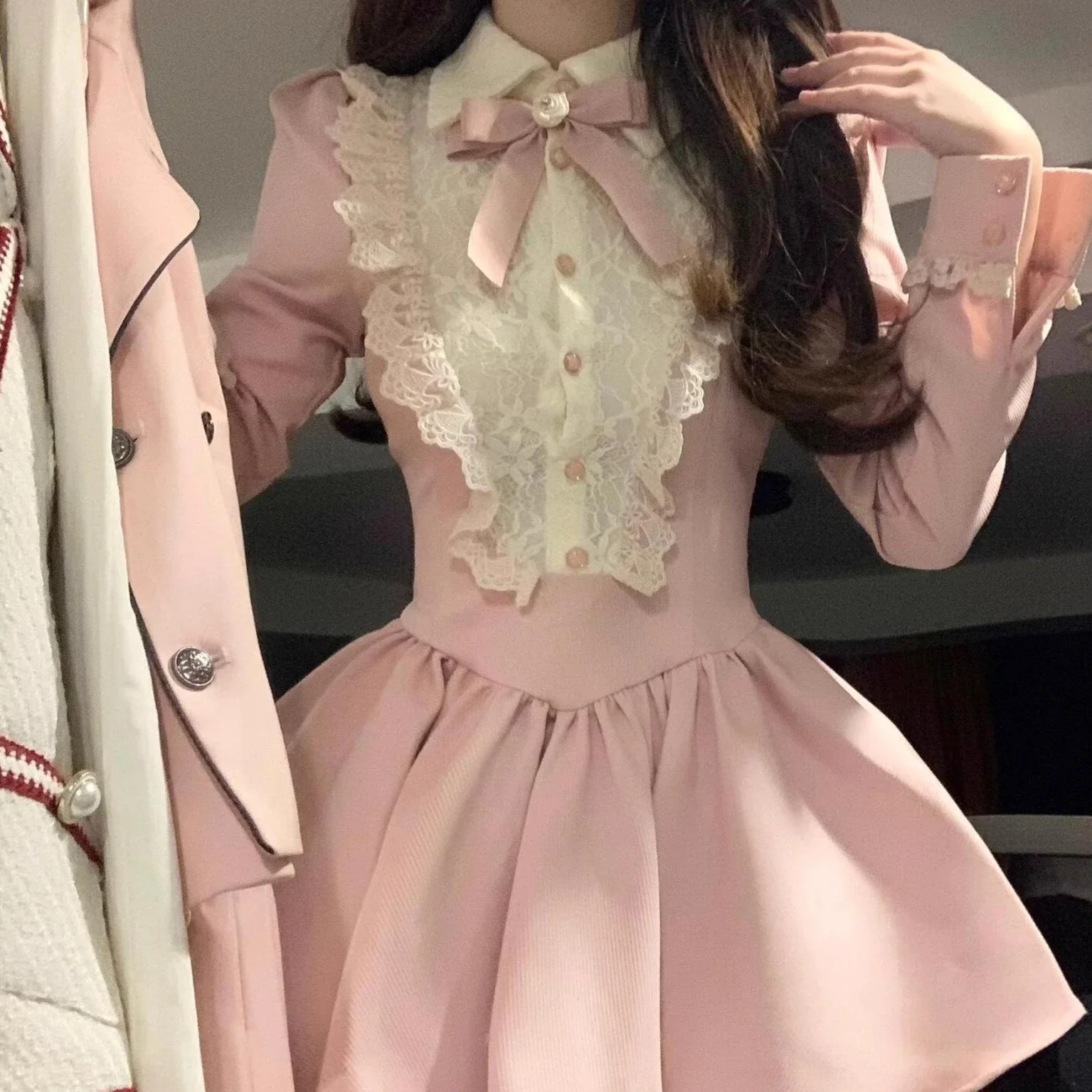 Fairy Sweet Peter Pan Collar Bow Dress Women Vintage Patchwork Lace Dresses Y2k Aesthetic Puff Sleeve Party Midi Vestido 2024