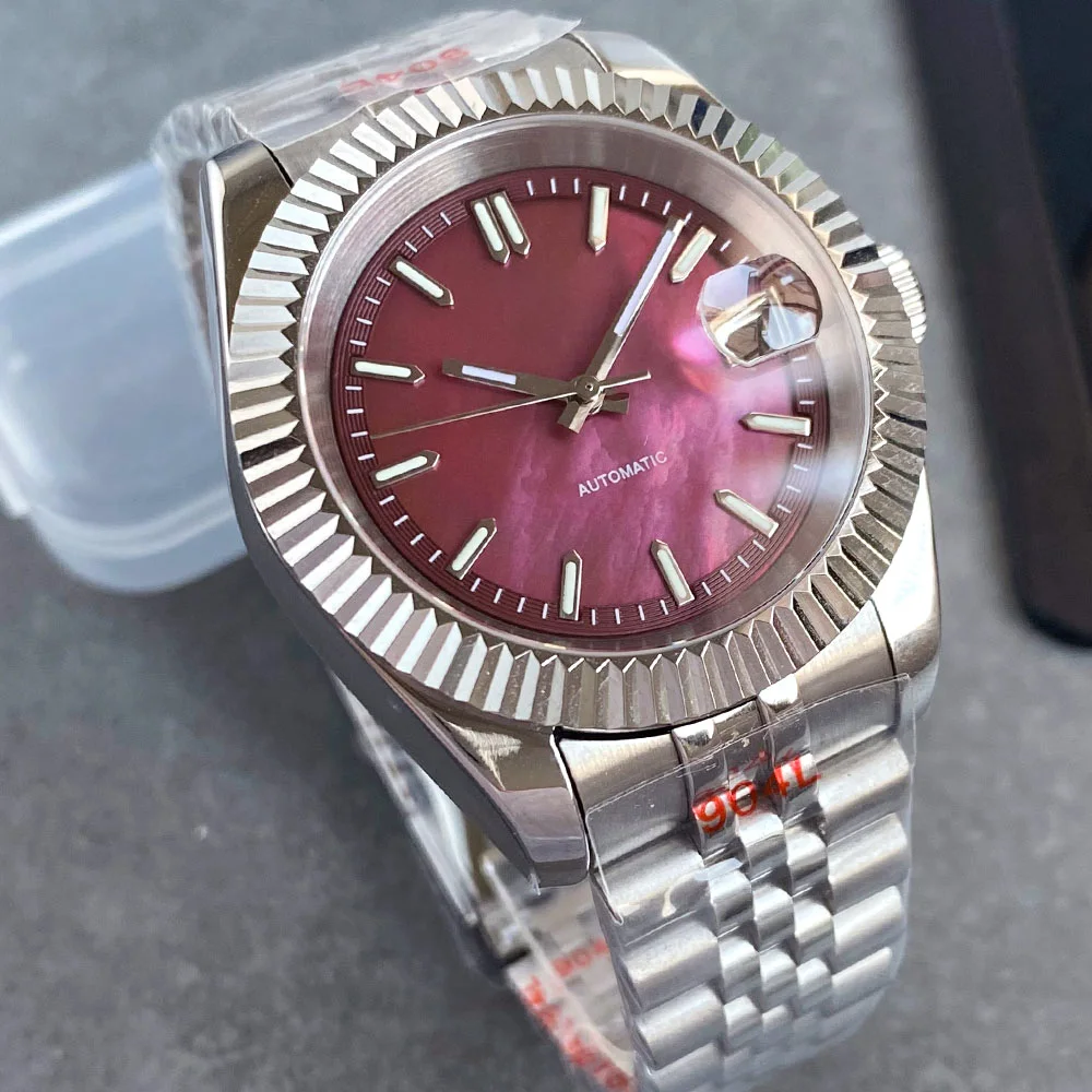 Tandorio 39mm Fixed Fluted Ruby Red Mother of Pearl Green Luminous Dial Automatic NH35A 20ATM Sapphire Mechanical Man Watch