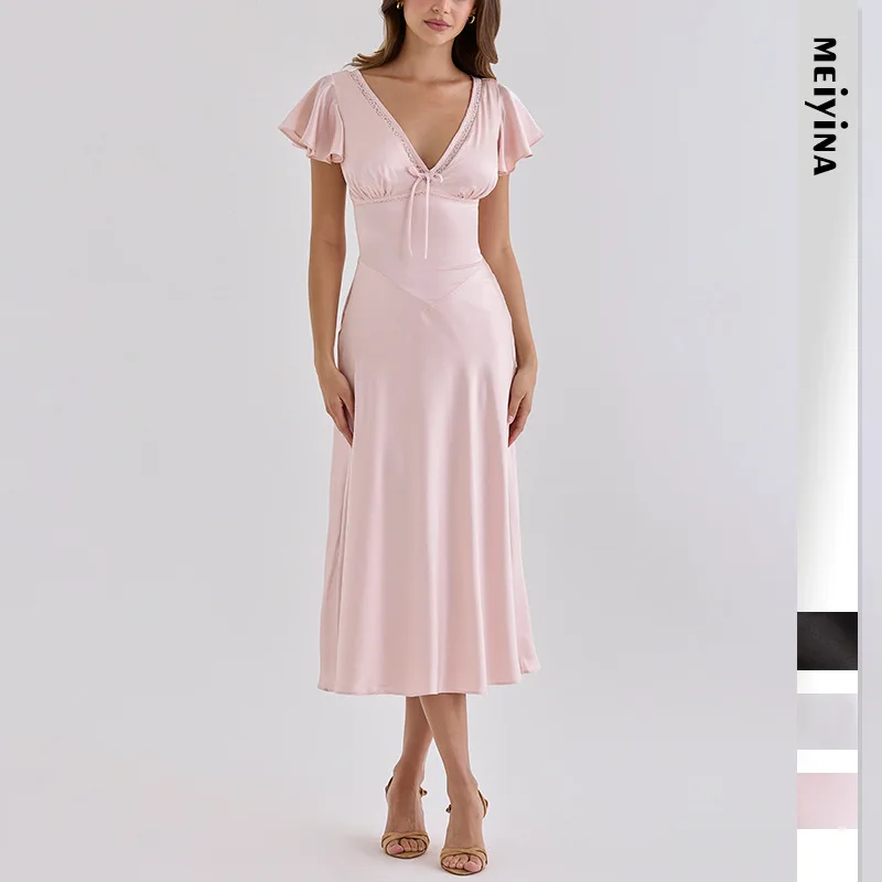 2026 New Women's High-end Satine V-neck Short-sleeve Slim-fit Erotogenic Body Clothes Summer Maxi Dress Boho Lace Robe Party