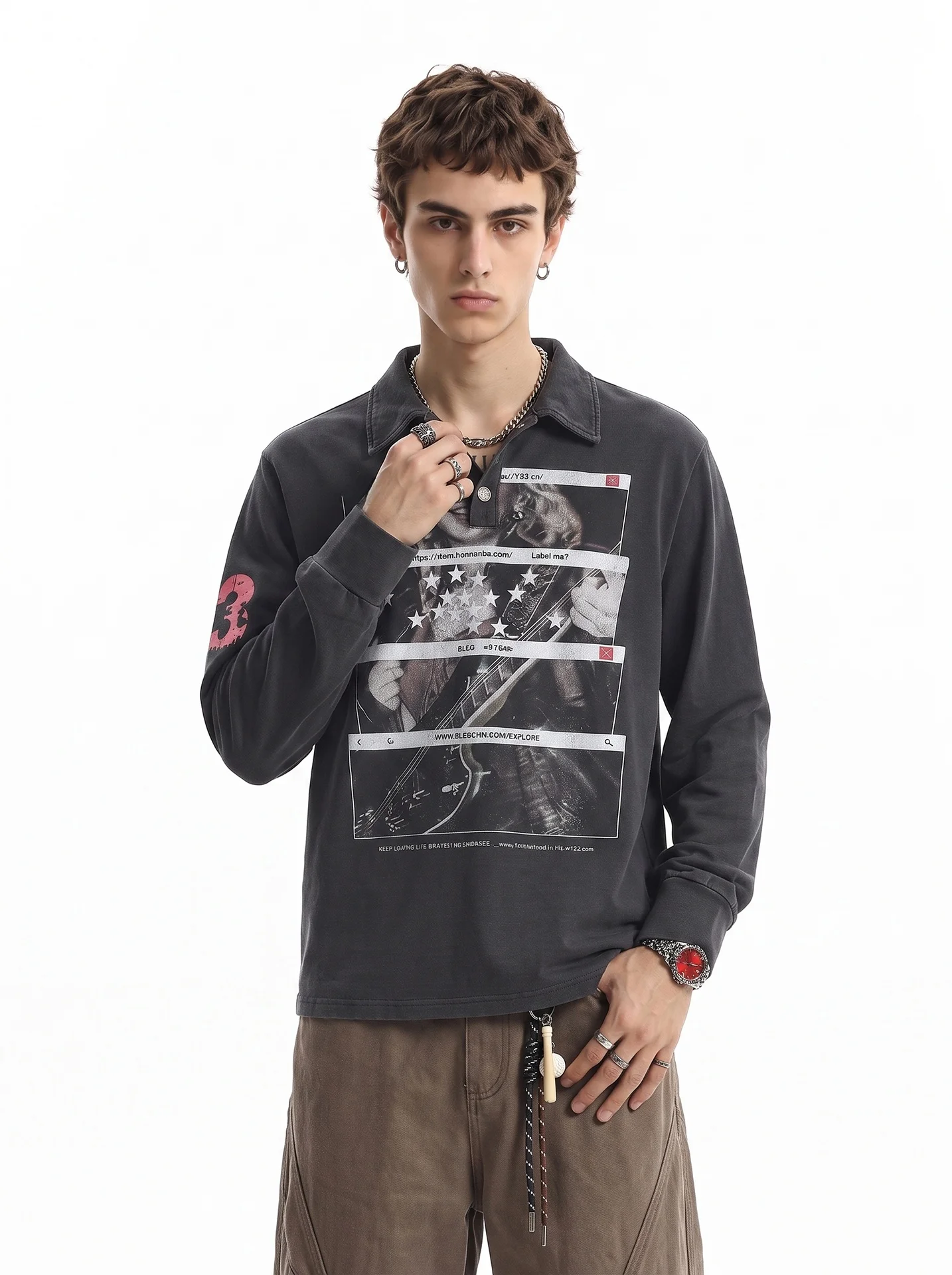 BETEBULE American High Street Rock Character Print Long Sleeve Loose Fit Men's T-Shirt Autumn Casual Style  Shirt