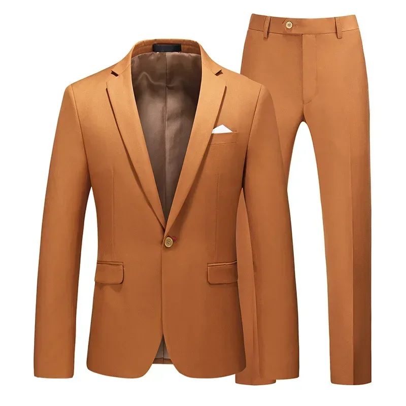 

Spring Autumn Mens Slim Fashion Plus Size Suits Two-piece Set Men Yellow Brown Vintage Formal Dress Suit 2 Piece Set 4xl 5xl 6xl