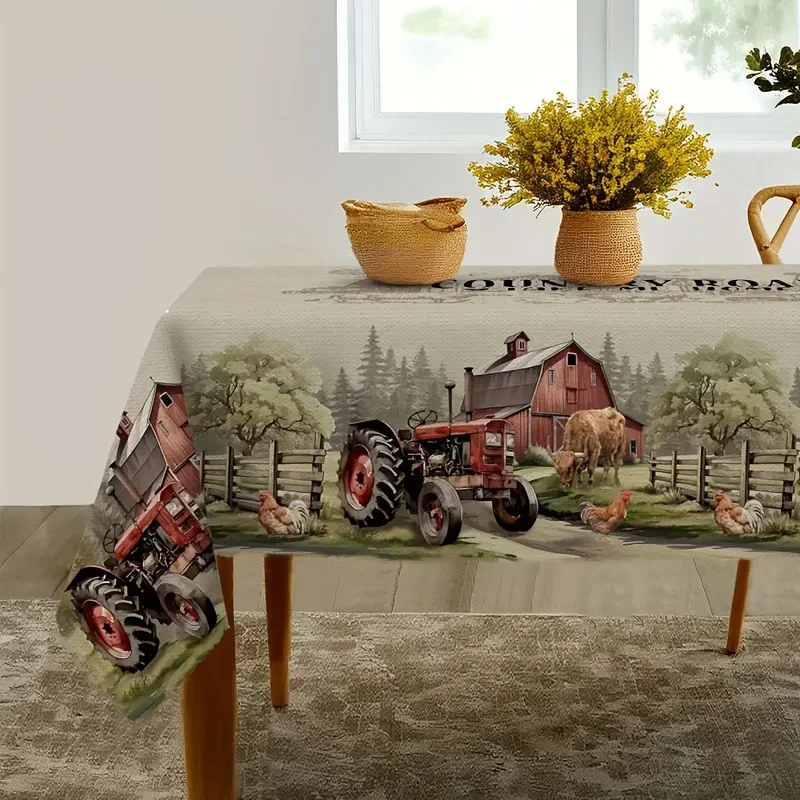 1pc farmhouse wind tablecloth, featuring retro tractor, rooster and farm animal patternsxzj