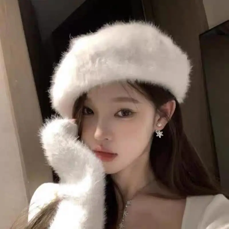 

Faux Mink Fur Berets Retro Elegant Women Winter Caps Artist Painter Hats Thick Warm All-match Sweet Pumpkin Beanies Cap