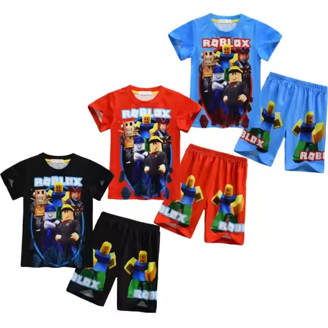 Game Roblox Summer Kids Clothing Short Sleeve T-Shirt Pants Set Cartoon Print Costume Birthday Gift