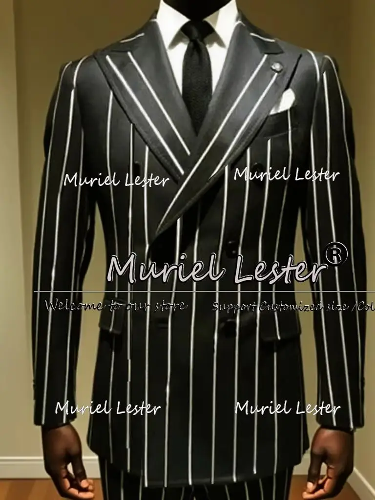 Classic Stripes Business Suits Men Double Breasted Blazers Pants 2 Pieces Sets Customized Male Chic Office Daily Prom Tuxedos