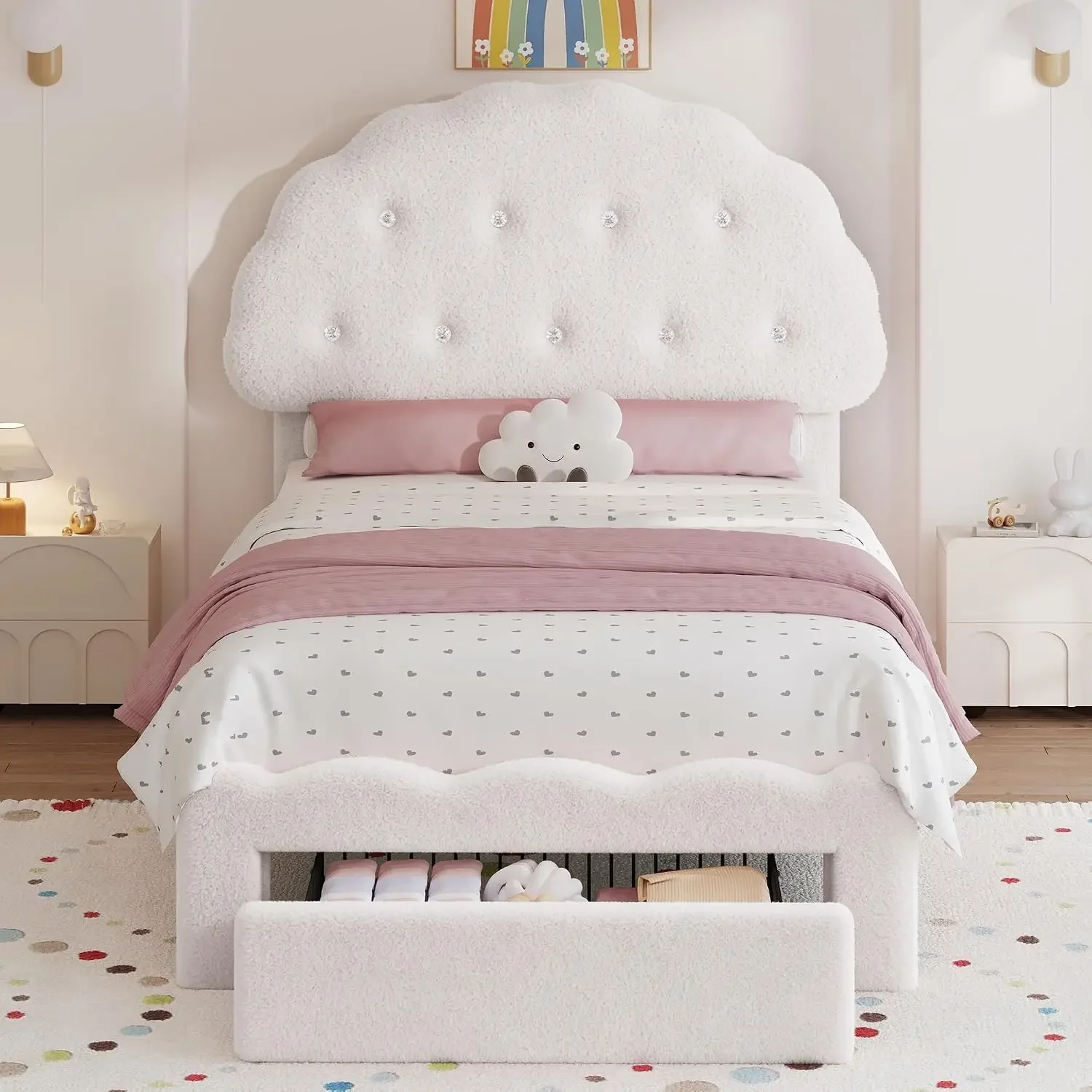 USA Stock Twin Bed Frame with Storage Drawer, Cloud Cookie Twin Size Upholstered Bed Frames with Adjustable Headboard and High