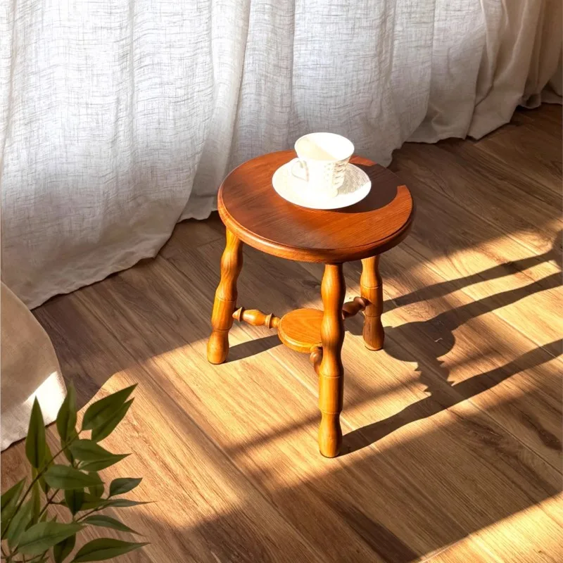 French Retro Triangular Round Stool Medieval Small Stool Solid Wood Three Legged Bedside Stool American Shoe Changing Stools