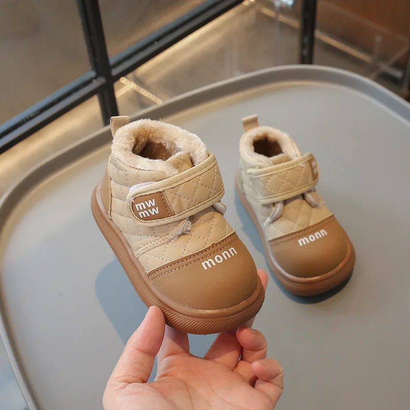 Winter Boys Girls Soft-soled Non-slip Fleece-lined Ankle Boots Children Stitched Snow Boots Kids Warm Cotton Shoes Casual Shoes