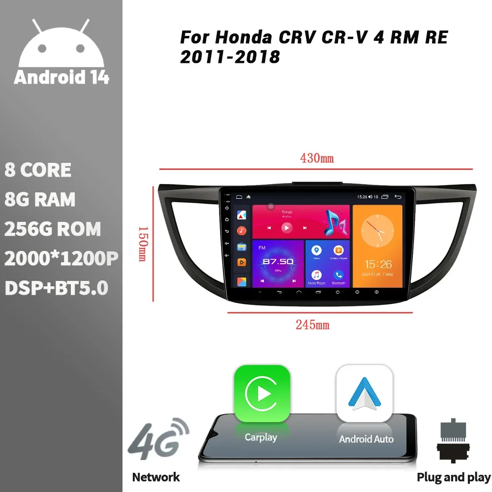 

Car Radio Multimedia Player Navigation Wireless CarPlay Touch Screen Android Bluetooth For Honda CRV CR-V 4 RM RE 2011-2018