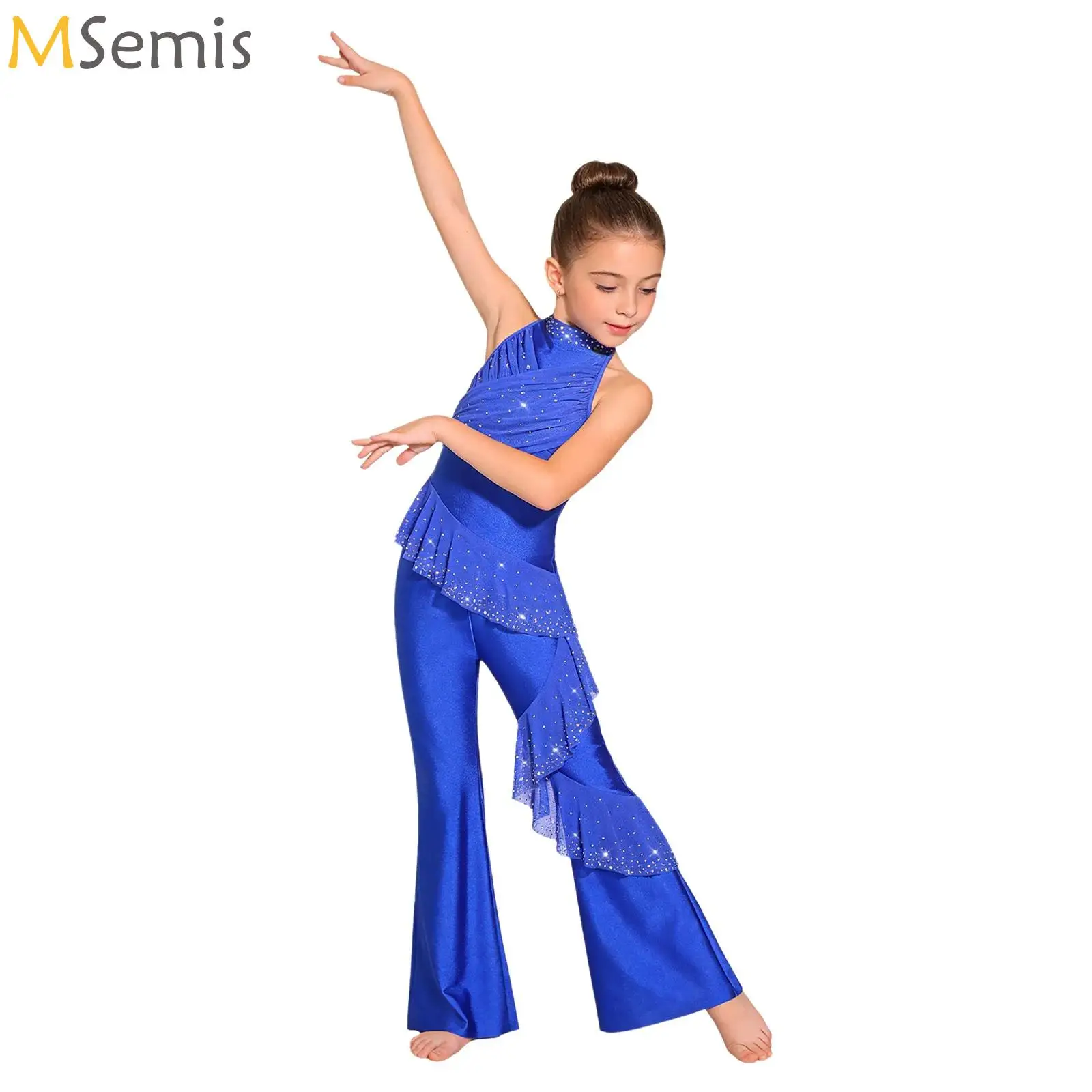 

Kids Girls Ruched Mesh Ruffles Bell-Bottom Bodysuit Performance Dancewear Latin Ballet Figure Skating Skirted Jumpsuit Dress