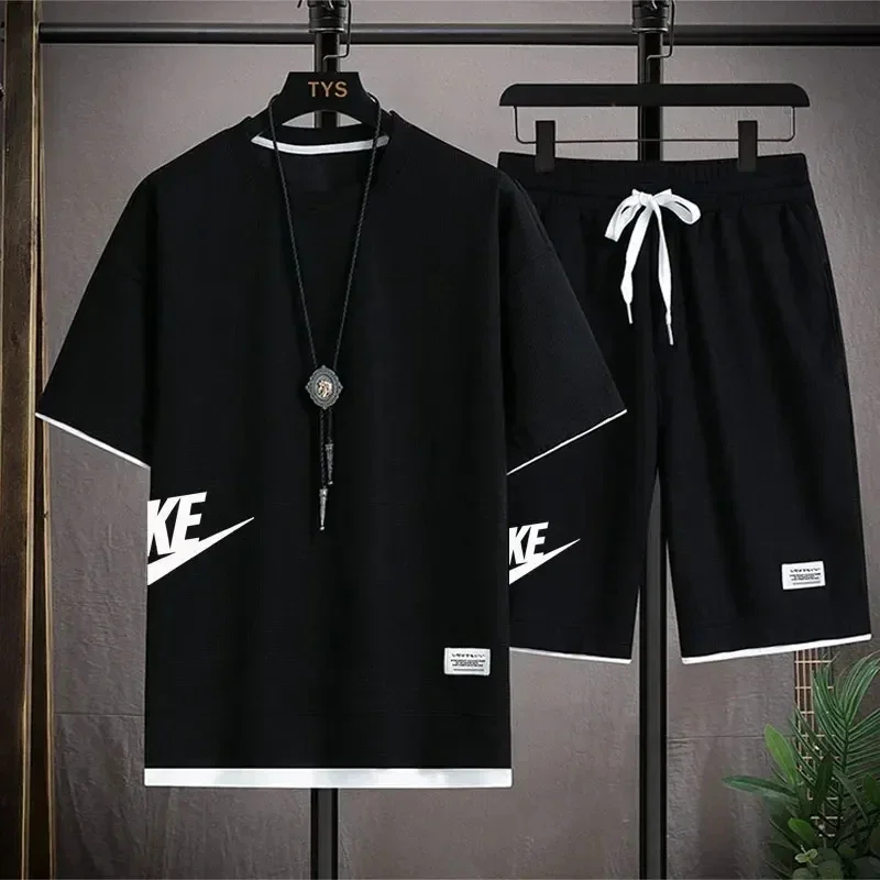 

Summer men's waffle suit - casual and fashionable high-quality T-shirt and shorts set - men's sports suit - single-color plain s