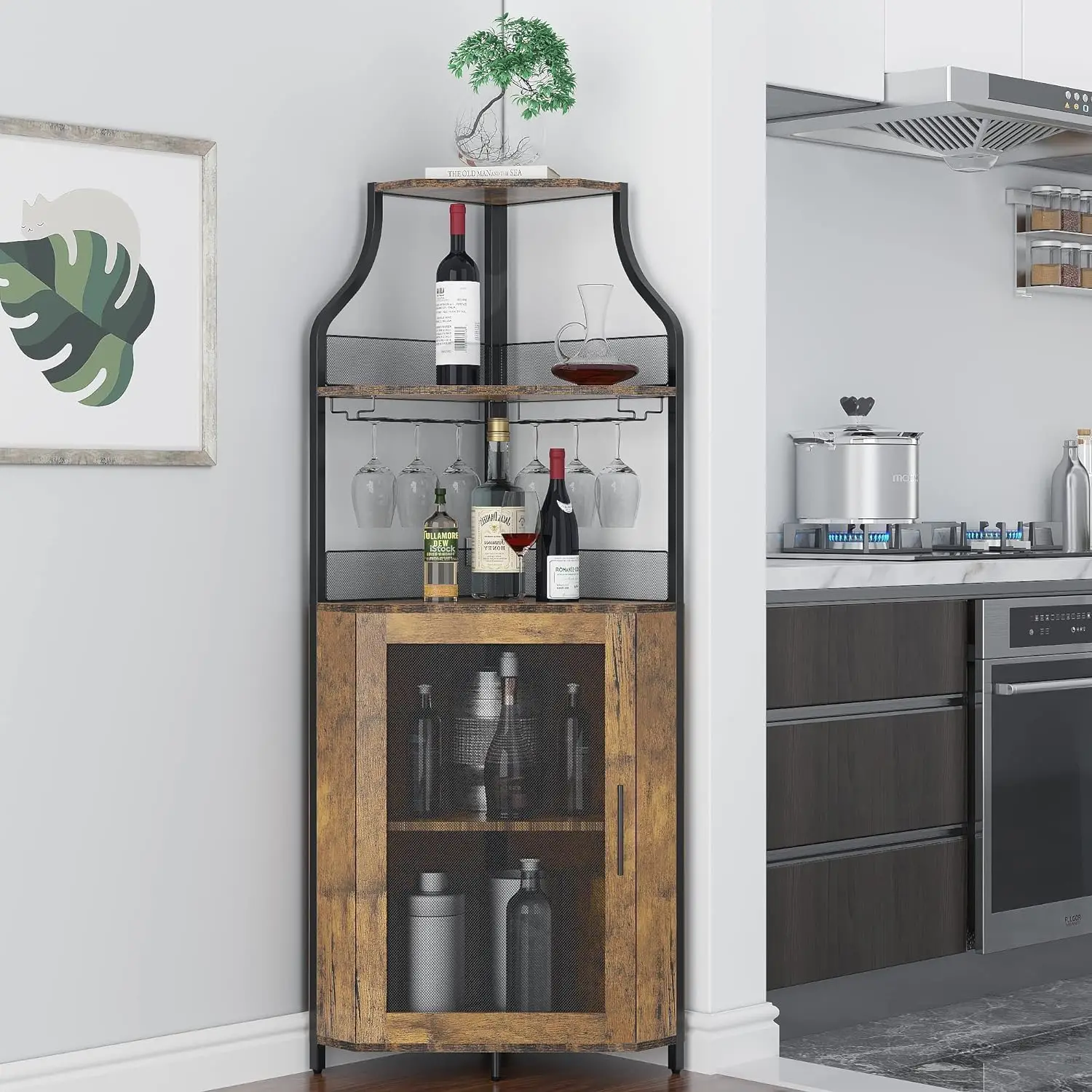 Mueble Bar Esquinero con Estante para Vinos Desmontable, Mueble Bar para el Hogar con Puerta Corredera y Estante Ajustable, Mueble Buffet