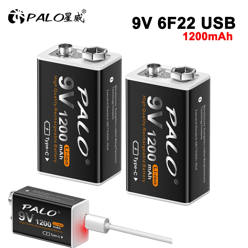 PALO 9V 1200mAh Li-Ion Battery USB Rechargeable 6F22 9V Batteries 9 Volts Constant Voltage Bateria for Multimeter Metal Detector